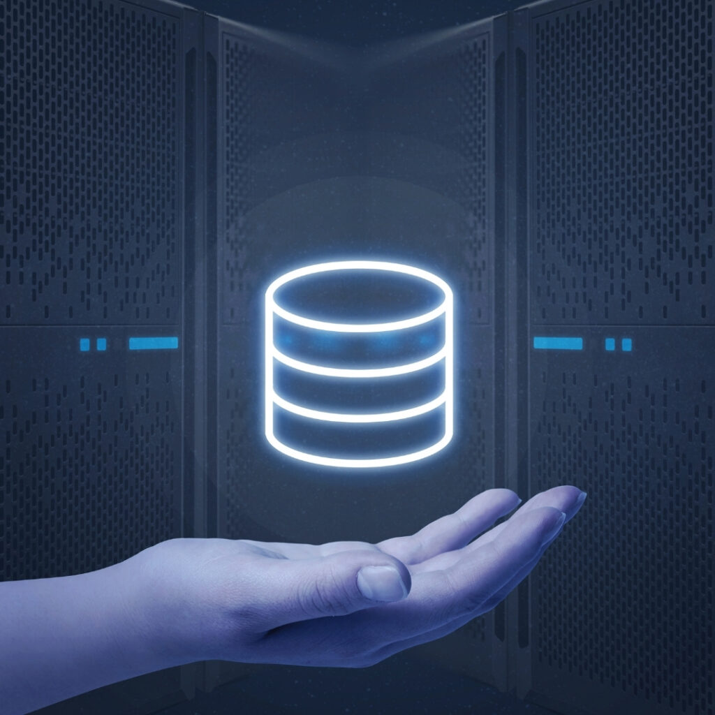 Data symbol with hand holding it with NAS behind